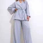 Trend Alaçatı Stili Women's Gray Wrinkled Look Blazer Jacket Top and Bottom Set