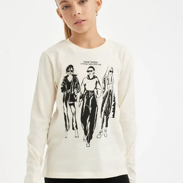 DEFACTO Girl Relax Fit Crew Neck Printed Long Sleeve T-Shirt