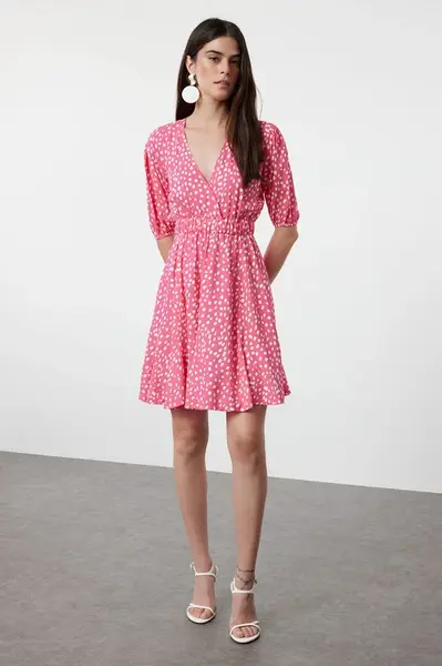 Trendyol Pink Flower Mini Skater Form Double Breasted Woven Dress