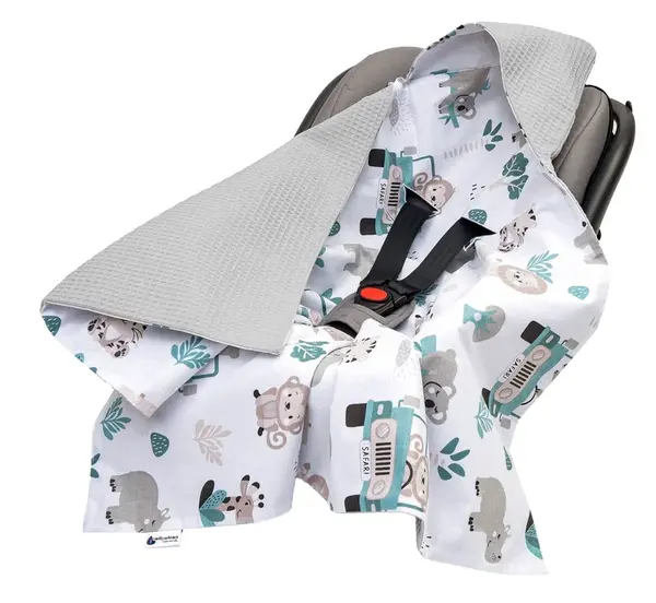 Medi Partners Baby carrier wrap – blanket with hood 85x85 cm – Waffle – Mint Zoo + gray Waffle