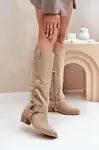 Semišové Čižmy Na Nízkém Podpatku S Návleky Před Kolena Světle Béžové Zazoo