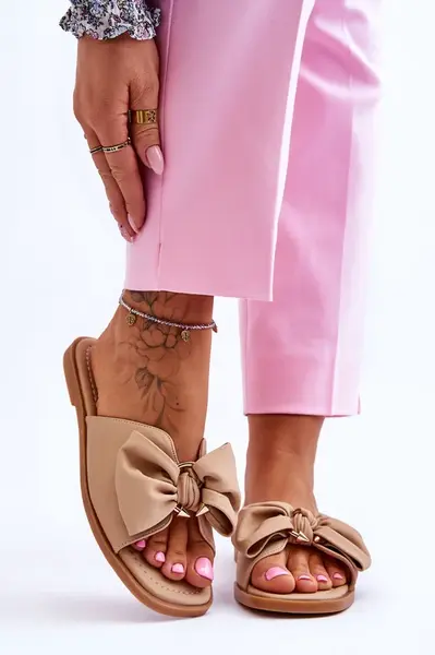 PE1 Dámské kožené pantofle s mašlí Béžové Becky