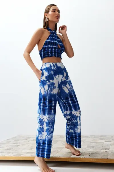 Trendyol Abstract Patterned Weaving 100% Cotton Blouse Trousers Beach Set