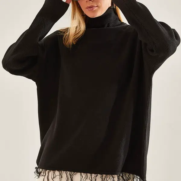 Bianco Lucci Women's Turtleneck Fringed Knitwear Blouse