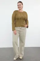 Trendyol Curve Oil Green Crew Neck Ribbed Fine Knitwear Sweater