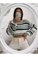 49425 Dewberry Striped Knit Crop Women Sweater-LIGHT GREEN