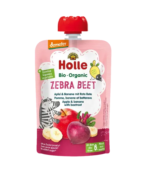 HOLLE Zebra Bee Bio ovocné pyré jablko, banán a červená repa vslovenčine znie: Zebra Bee Bio ovocné pyré jablko, banán a červe 100 g