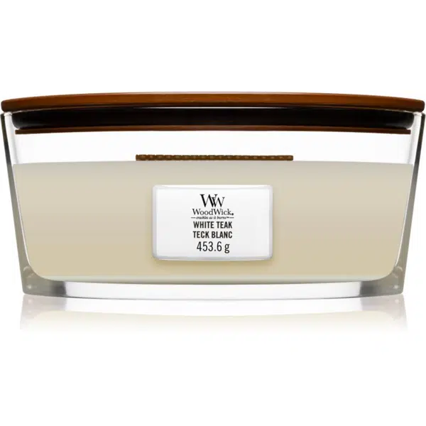 Woodwick White Teak vonná sviečka s dreveným knotom (hearthwick) 453.6 g
