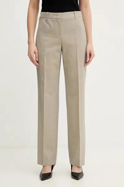 Vlněné kalhoty BOSS Tilda9 dámské, šedá barva, medium waist, 50542004