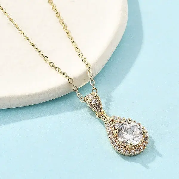 Brass Micro Pave Clear Cubic Zirconia Teardrop Pendant Neckalces for Women