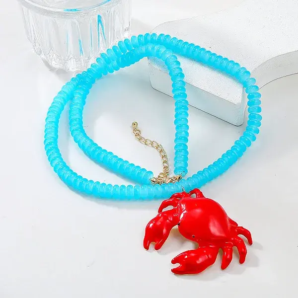 Summer Beach Red Crab Resin Pendant Rondelle Beaded Necklaces for Women