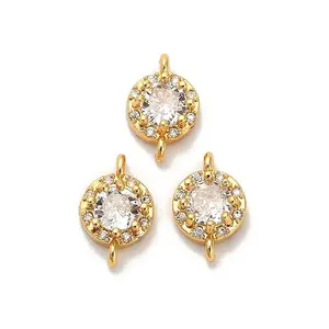 Brass Pave Clear Cubic Zirconia Flat Round Connector Charms