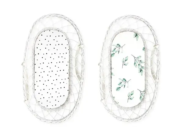 Prestieradlo Sleepee We Care do kočíka, košíka a kolísky čierne bodky/eukalyptus