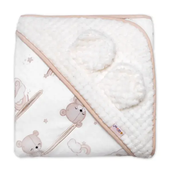 Baby Nellys Zavinovací deka s kapucí a oušky, Malý medvídek, bavlna/luna, smetanová