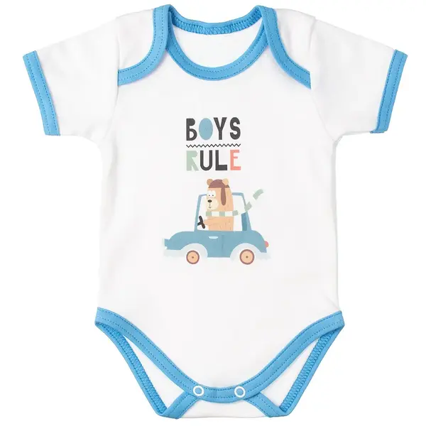 mbaby Bavlněné body s krátkým rukávem, Méďa Boys Rule, bílo/modré, vel. 86