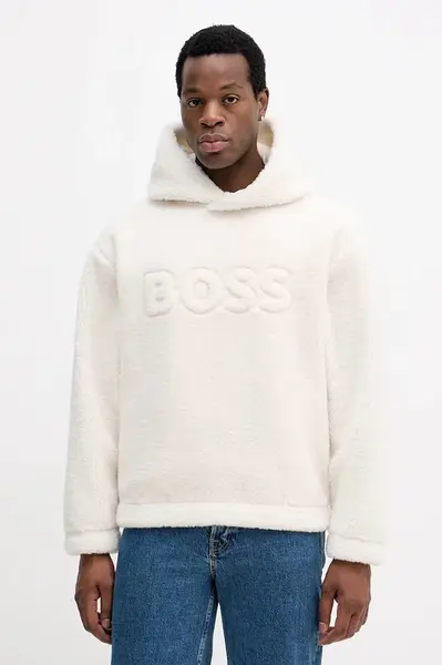 Mikina BOSS pánská, béžová barva, s kapucí, hladká, 50550698