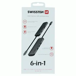SWISSTEN USB-C HUB 6-IN-1 USB-C PD, 3X USB 3.0, SD, MICRO SD ALUMINIUM