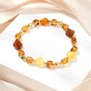 Natural Amber & Brass Beaded Stretch Bracelets for Women