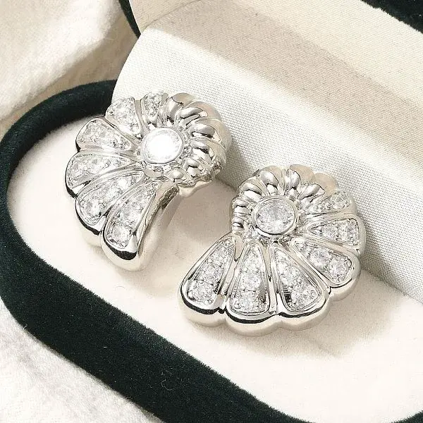 Rack Plating Shell Shape Brass Micro Pave Clear Cubic Zirconia Stud Earrings