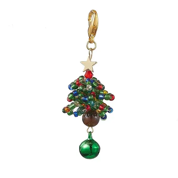 Christmas Tree Glass Seed Beads & Natural Tiger Eye Pendant Decorations