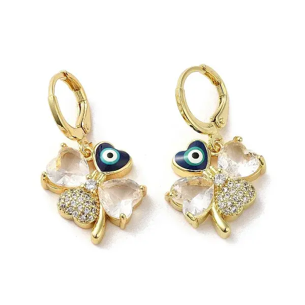 Clover with Evil Eye Golden Brass Dangle Leverback Earrings