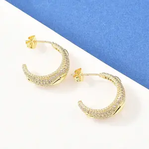 C-Shaped Brass Micro Pave Clear Cubic Zirconia Stud Earrings