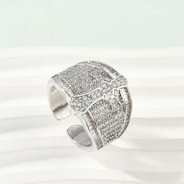 Brass Micro Pave Clear Cubic Zirconia Open Cuff Rings for Women