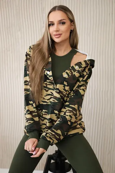 3dílný moor set mikiny, topu a legín khaki + béžová