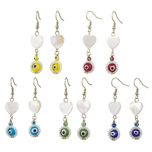 Natural Shell Heart & Lampwork Evil Eye Dangle Earrings