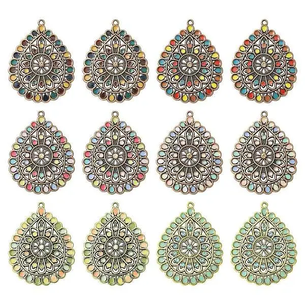 12Pcs 6 Colors Tibetan Style Zinc Alloy Enamel Pendants