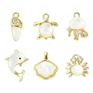 6Pcs 6 Styles Ocean Themeed Brass Pave Natural White Shell Pendants