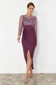 Trendyol Lilac Sequin Knitted Tulle Long Elegant Evening Dress
