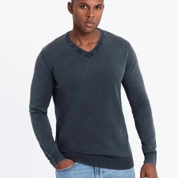 Sveter pre mužov s v-výstrihom Ombre Washed - tmavomodrý