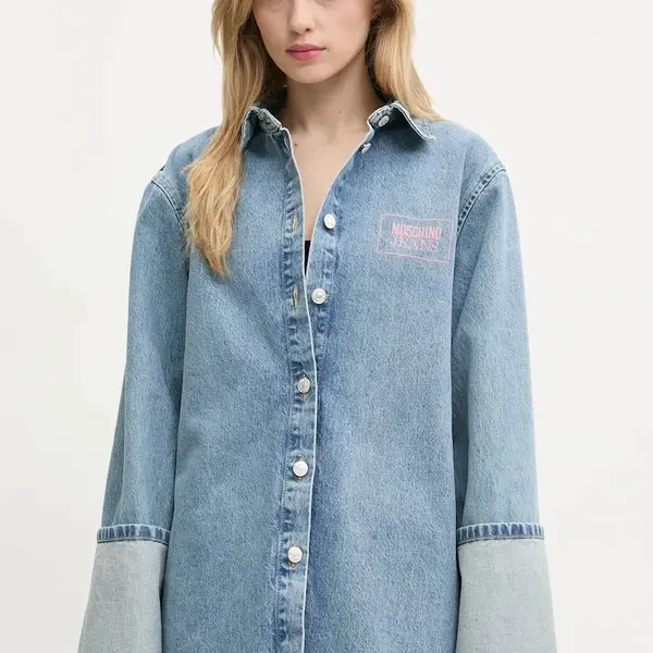 Džínová košile Moschino Jeans dámská, modrá barva, relaxed, s klasickým límcem, 0216 3217