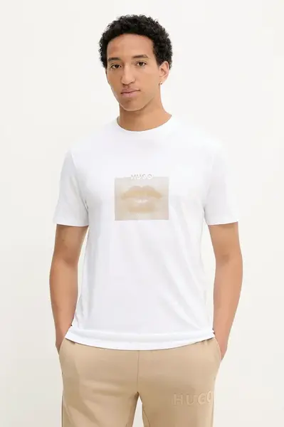 Bavlněné tričko HUGO Deterni pánské, bílá barva, s potiskem, 50544496