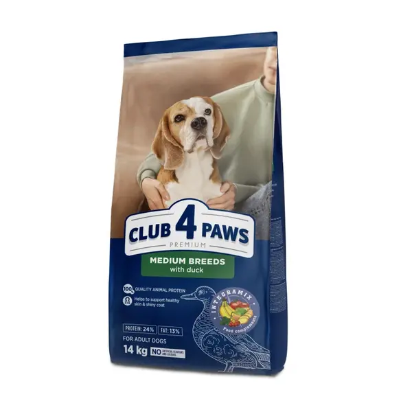 CLUB 4 PAWS Premium pre dospelých psov stredných plemien s kačacim mäsom 14 kg (3043)