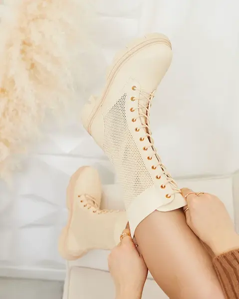 Resti Women's openwork cream lace-up boots Buhomias