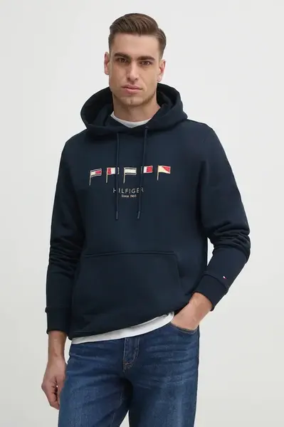 Bavlněná mikina Tommy Hilfiger pánská, tmavomodrá barva, s kapucí, s aplikací, MW0MW38666