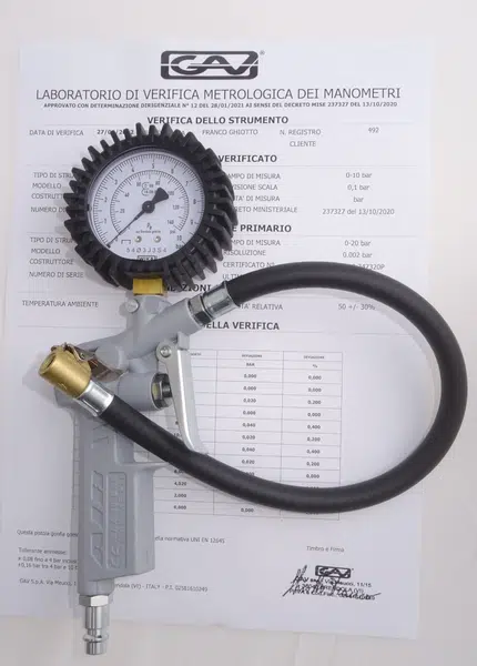 GAV s.p.a Air Technology Pneuhustič s certifikátem, cejchovaný, 0–10 bar, manometr 63 mm, hadice 40 cm - GAV-60 DT