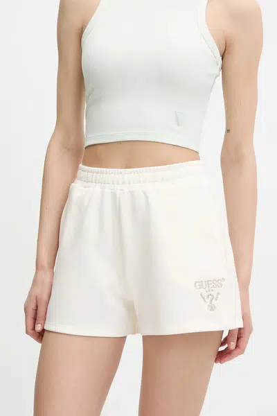 Kraťasy Guess ROBERTA dámské, béžová barva, s aplikací, high waist, V5GD19 KC3D2