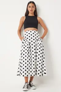Happiness İstanbul Women's White Polka Dot Summer Poplin Skirt