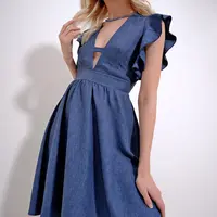 Trend Alaçatı Stili Women's Indigo V-Neck Flounce Sleeves Back Zippered Aerobin Linen Woven Dress