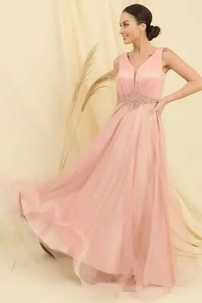 Saygı V-výstřih pasu kamenně lemovaný top stříbrný vnitřní satén dlouhé princeznovské šaty