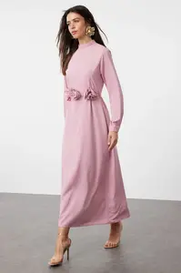 Trendyol Dusty Rose Belted Rose Detailed Satin Woven Dress