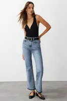 Trendyol Blue Leg Detail Vysoký pas Flare Džíny