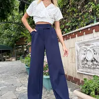 Trend Alaçatı Stili Dámské Námořnická modř Vysoký pas Dvojitá kapsa Plisované Velcro Uzavření Palazzo Kalhoty