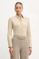 Bavlněná košile BOSS dámská, béžová barva, regular, s klasickým límcem, 50543691