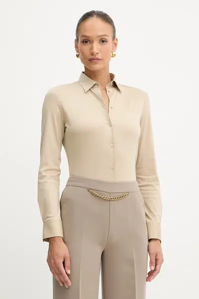 Bavlněná košile BOSS dámská, béžová barva, regular, s klasickým límcem, 50543691