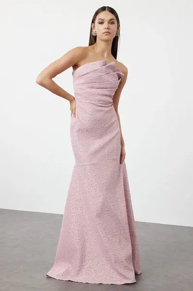 Trendyol Pink Fish Cut Strapless Woven Long Elegant Evening Dress
