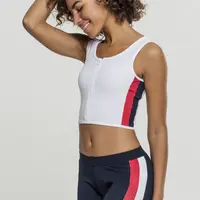 Women's top with side stripe with zipper in white/tan/navy